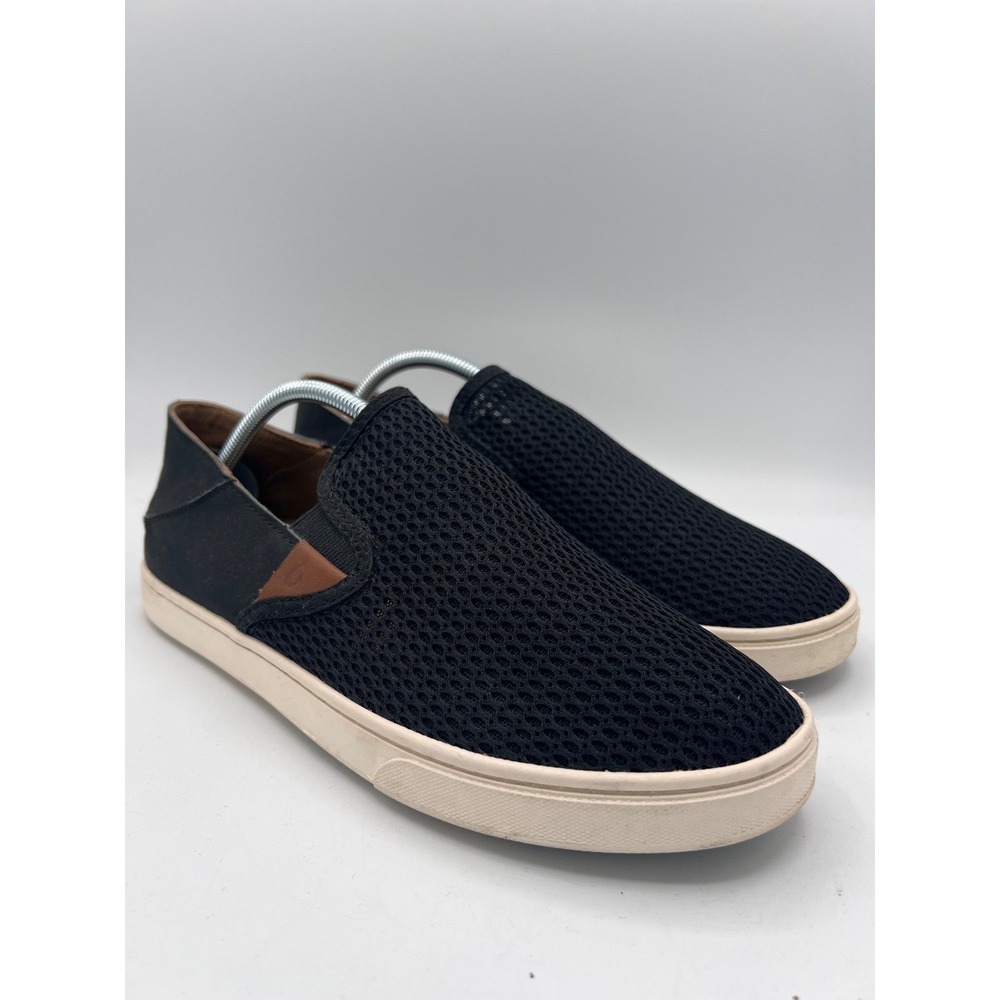 OluKai Black Mesh Slip-On Loafers with Cream Soles and Brown Accents